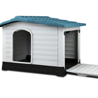Weatherproof Elevated Dog Kennel with Extendable Side – Blue Plastic Dog House