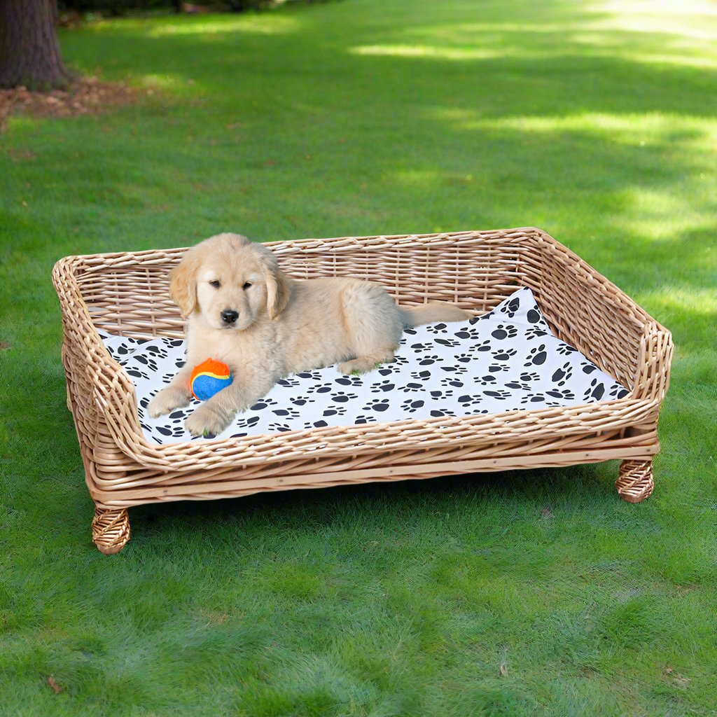 Handcrafted Wicker Outdoor Indoor Pet Bed with Paw-Print Cushion.