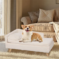 Plush Pet Sofa Bed with Wooden Legs and Bolster Cushion.