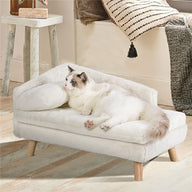 Plush Pet Sofa Bed with Wooden Legs and Bolster Cushion.