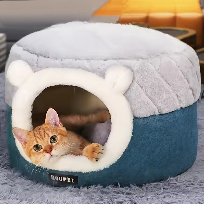 Convertible Plush Cat Bed – 2-in-1 Enclosed Hideaway