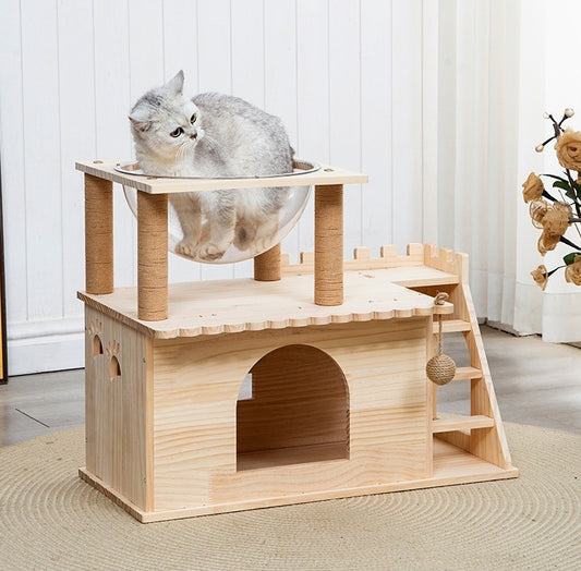 Natural Pine Cat Climbing Frame with Transparent Bowl