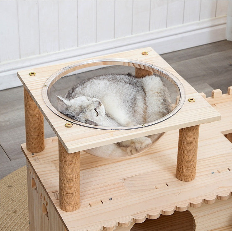 Natural Pine Cat Climbing Frame with Transparent Bowl