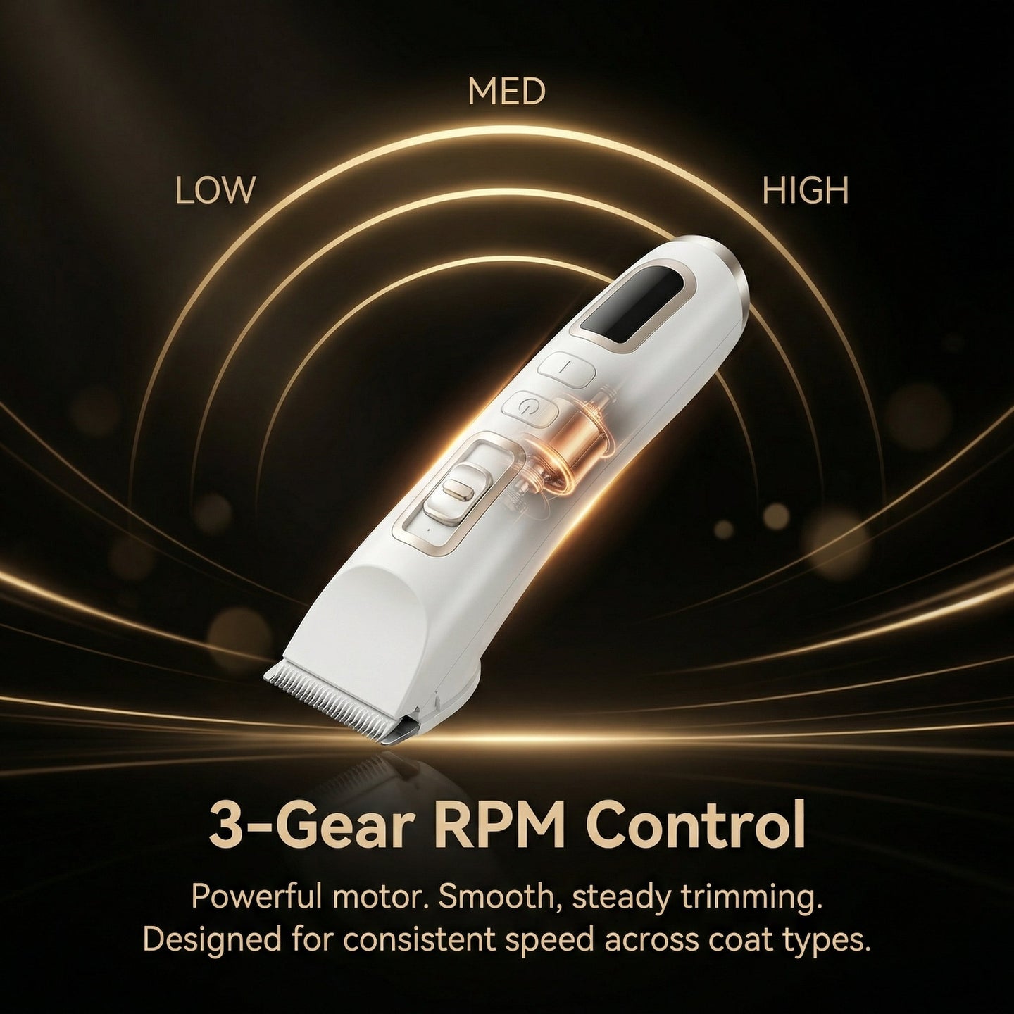Hair trimmer with 3-Gear RPM Control on a dark background