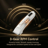 Hair trimmer with 3-Gear RPM Control on a dark background