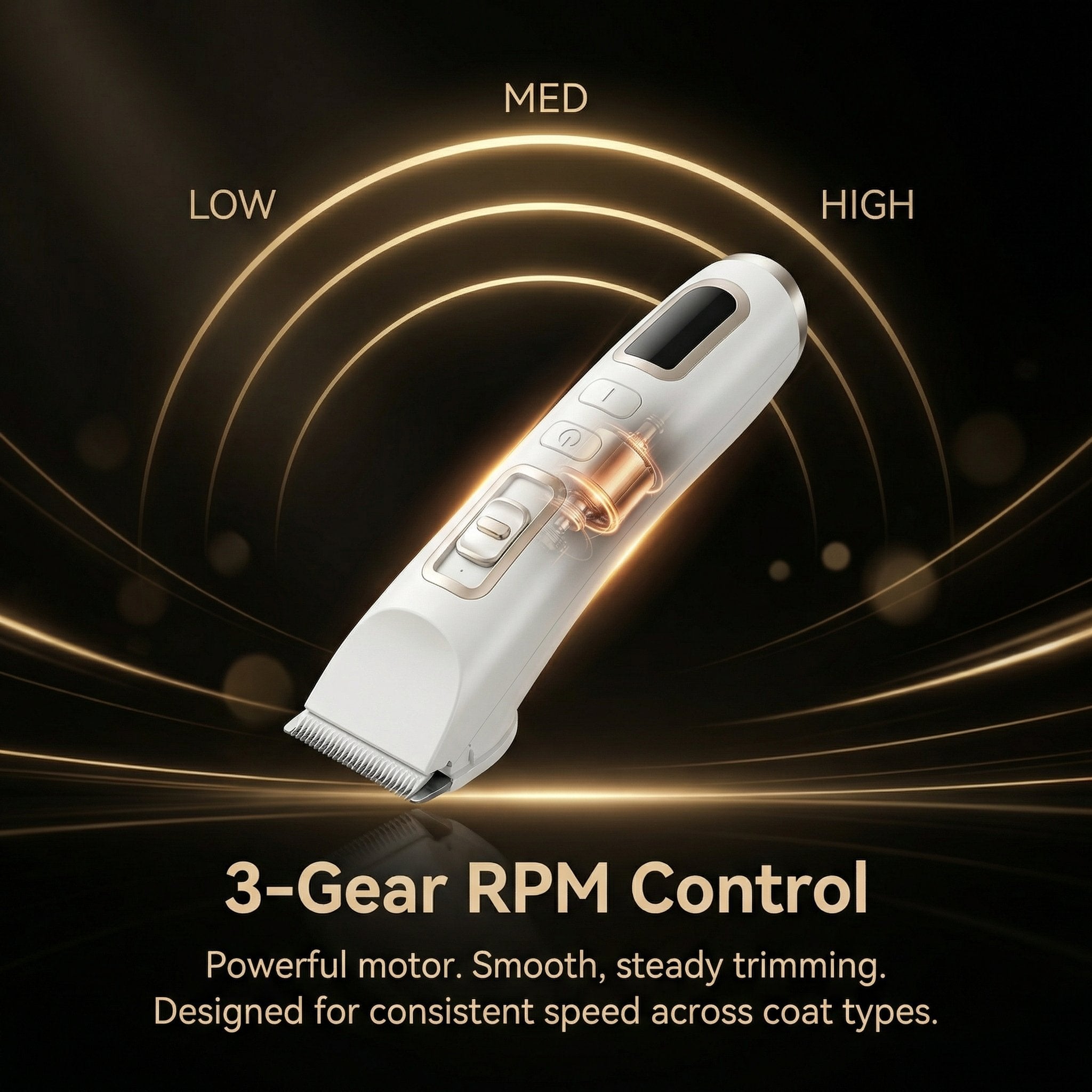 Hair trimmer with 3-Gear RPM Control on a dark background