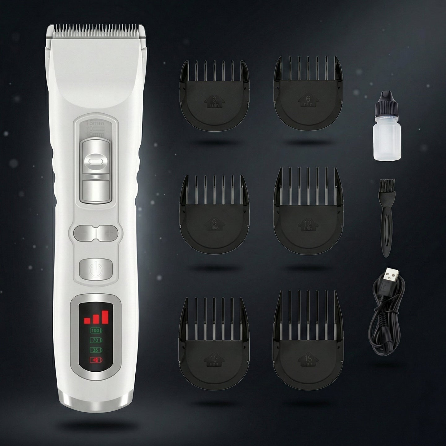 Hair trimmer set with attachments on a dark background