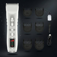 Hair trimmer set with attachments on a dark background