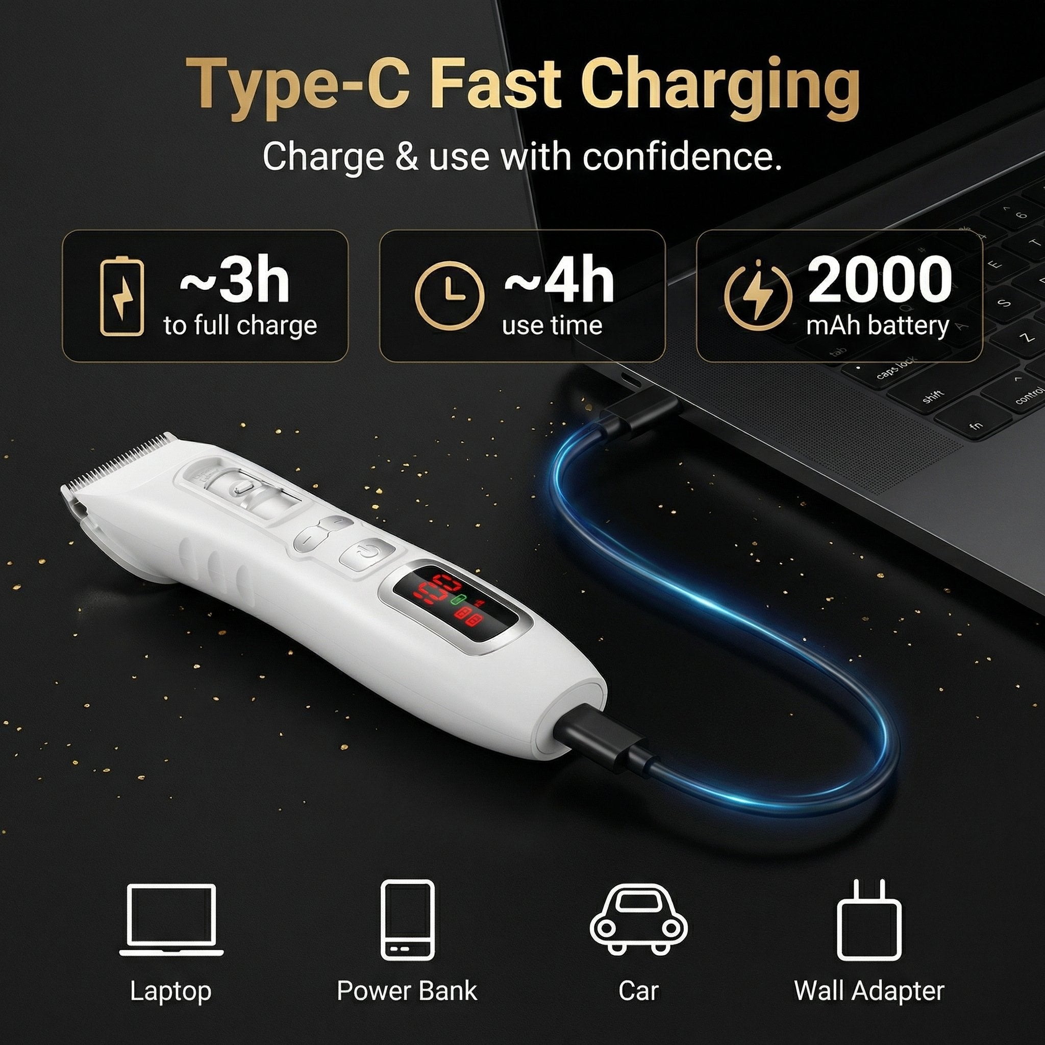 Hair clipper with USB cable connected to a laptop, charging information displayed.