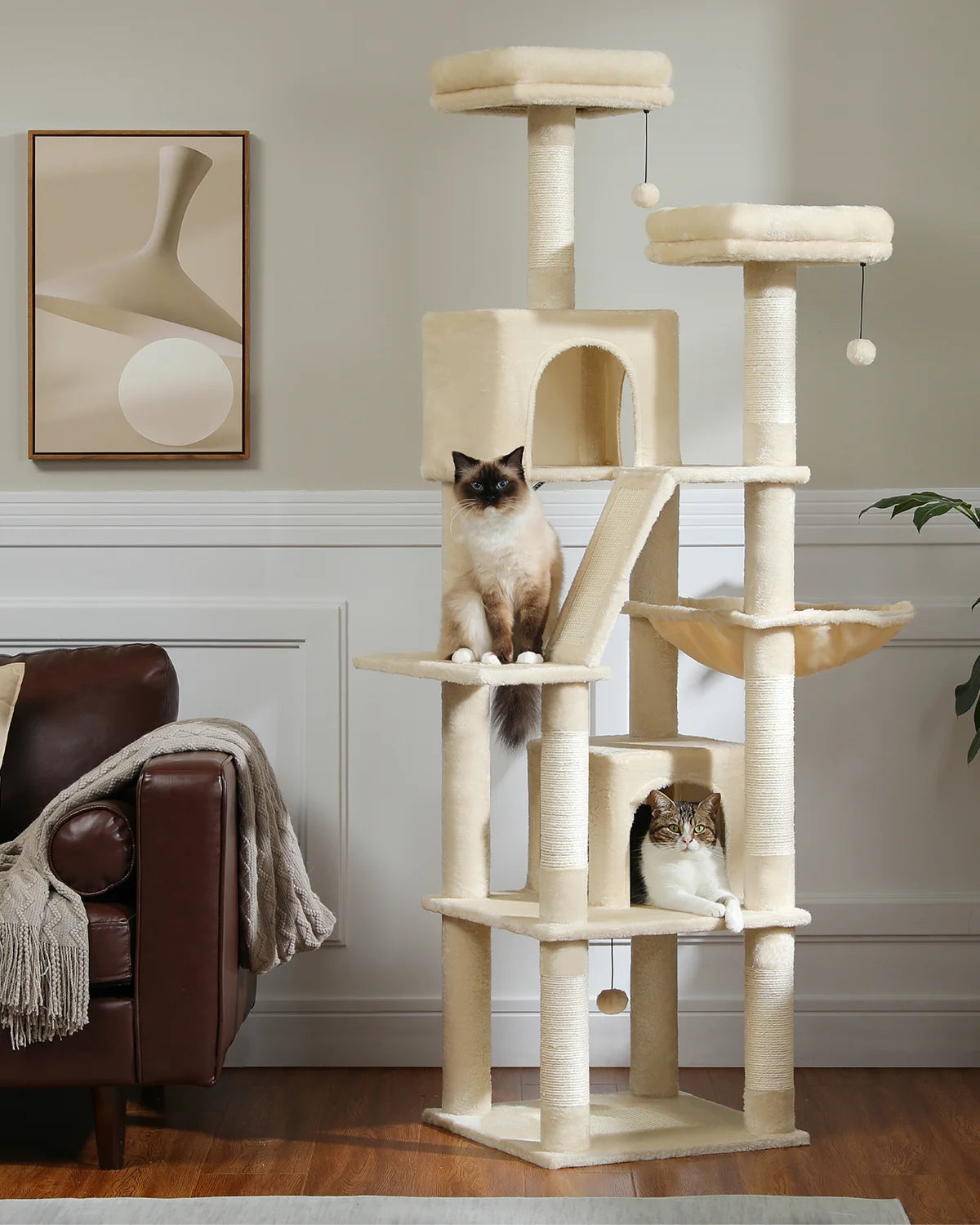 Large Cat Tree with Multi-Level Plush and  Natural Sisal Scratching Post