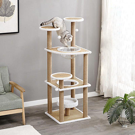 Modern Rattan Cat Tree with Elevated Perch