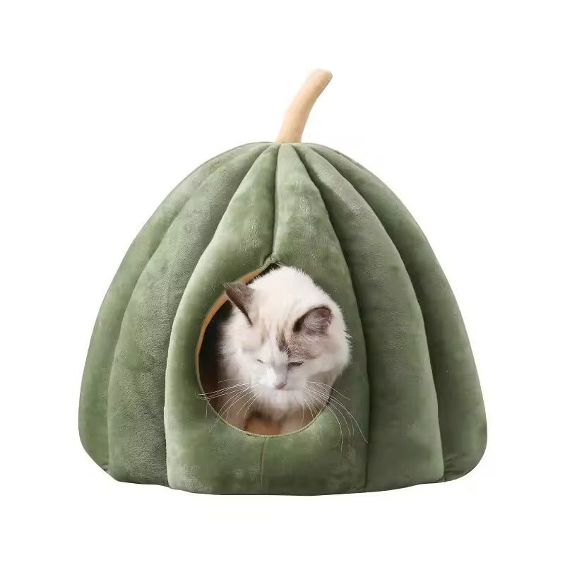 Plush Green Pumpkin Cat Cave Bed for Cats and Small Dogs