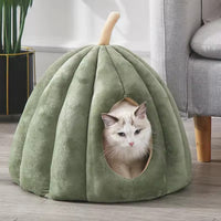 Plush Green Pumpkin Cat Cave Bed for Cats and Small Dogs