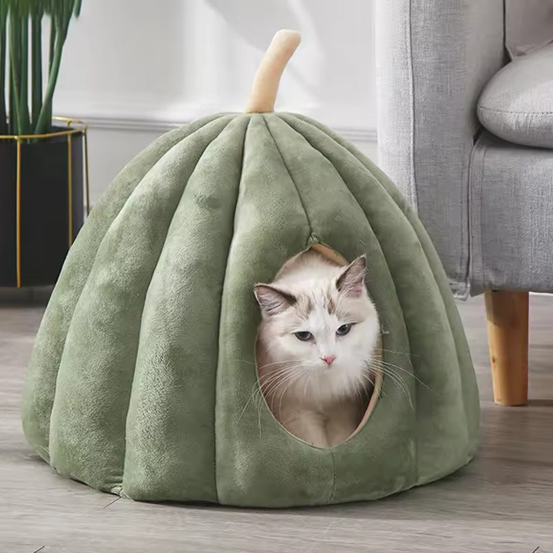 Plush Green Pumpkin Cat Cave Bed for Cats and Small Dogs
