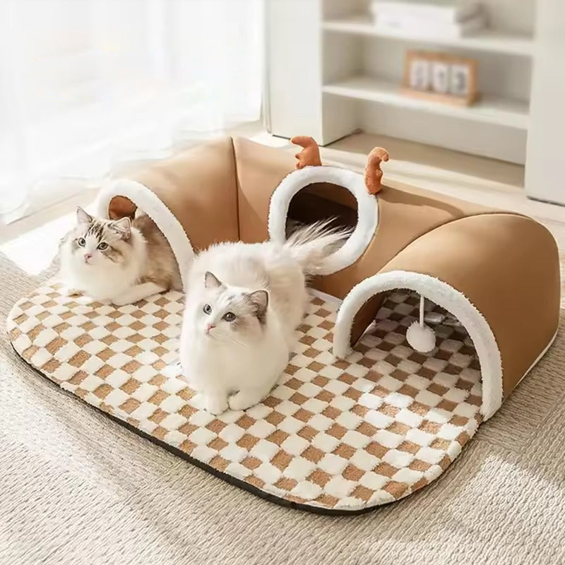 Luxury Plush Tunnel Cat Bed – Warm and Playful Retreat for Your Feline