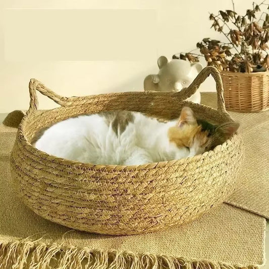 Cat Bed Handwoven Natural Seagrass with Cushion