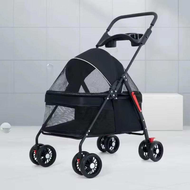 Foldable Pet Stroller with Breathable Mesh – Lightweight and Travel-Friendly.
