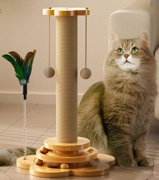 Natural Wood Cat Scratching Post with Interactive Toy Features