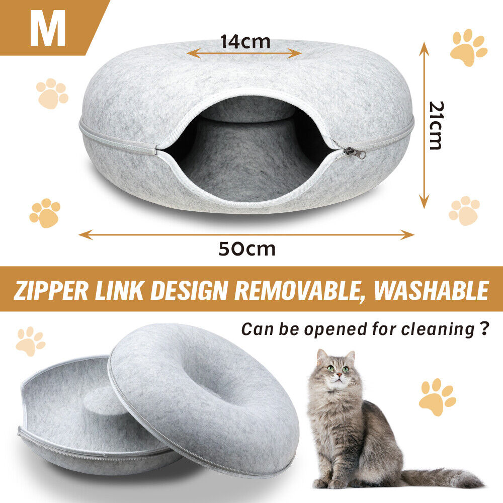 Light Grey Cat Tunnel Bed – Interactive Donut Cave for Cats and Small Pets