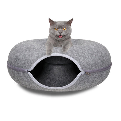 Dark Grey Felt Cat Tunnel Bed – Washable Detachable Donut Cave for Cats and Small Pets