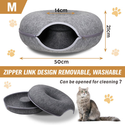 Dark Grey Felt Cat Tunnel Bed – Washable Detachable Donut Cave for Cats and Small Pets