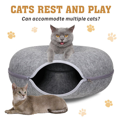 Dark Grey Felt Cat Tunnel Bed – Washable Detachable Donut Cave for Cats and Small Pets