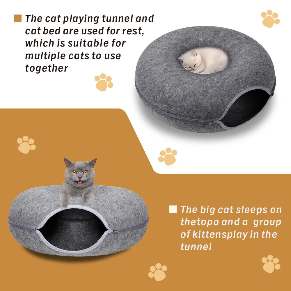 Dark Grey Felt Cat Tunnel Bed – Washable Detachable Donut Cave for Cats and Small Pets