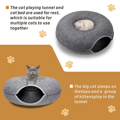 Dark Grey Felt Cat Tunnel Bed – Washable Detachable Donut Cave for Cats and Small Pets