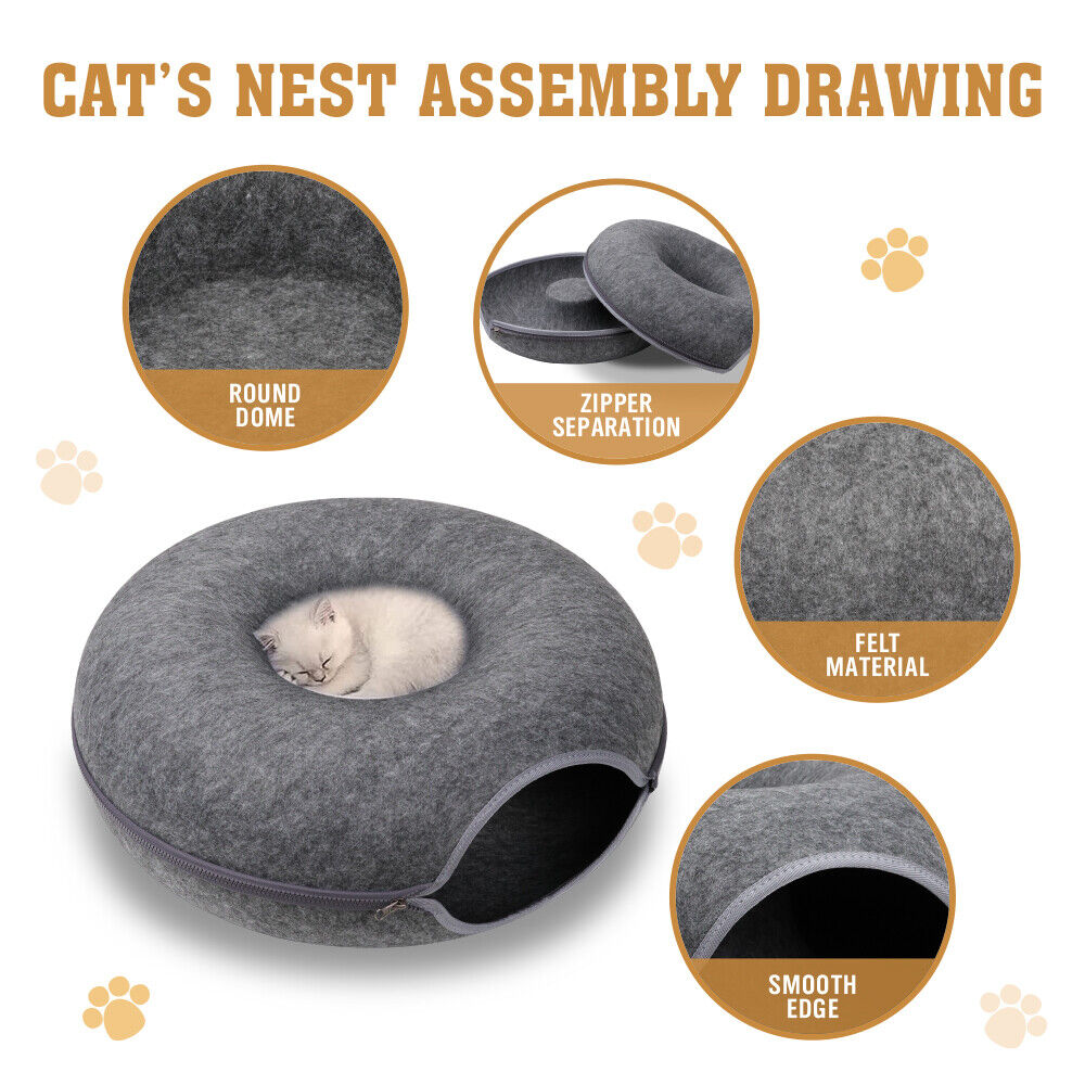 Dark Grey Felt Cat Tunnel Bed – Washable Detachable Donut Cave for Cats and Small Pets