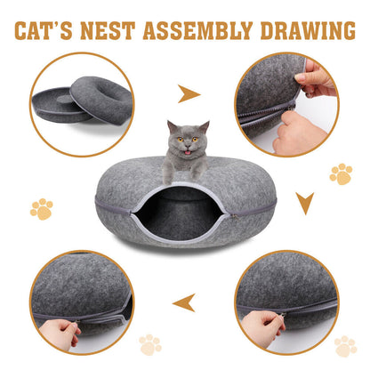 Dark Grey Felt Cat Tunnel Bed – Washable Detachable Donut Cave for Cats and Small Pets