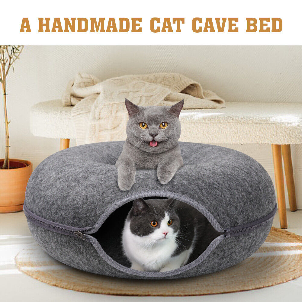 Dark Grey Felt Cat Tunnel Bed – Washable Detachable Donut Cave for Cats and Small Pets